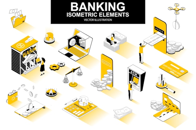 Vector banking services 3d isometric line elements