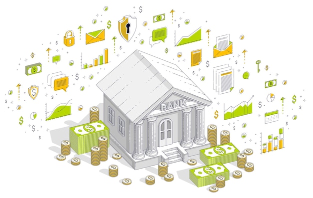 Cartone animato tema bancario, edificio bancario con dollari e pila di monete isolato su sfondo bianco. illustrazione isometrica di affari di vettore 3d con icone, grafici di statistiche ed elementi di design.