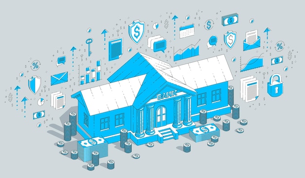 Banking theme cartoon, bank building with dollars and coin stack isolated over white background. 3d vector business isometric illustration with icons, stats charts and design elements.