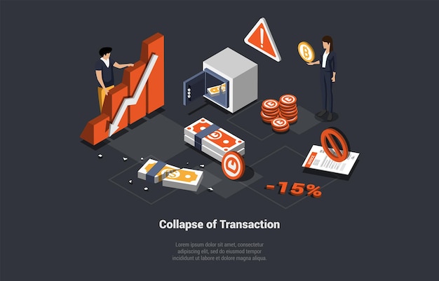 Transazioni bancarie crollo concetto trasferimento di denaro problema malfunzionamento del sistema di pagamento internazionale uomo e donna effettuano pagamenti utilizzando i servizi mondiali isometrico cartoon 3d illustrazione vettoriale