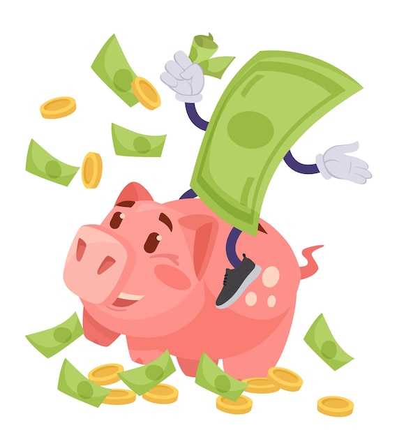 Banknote character riding comic piggybank vector illustration