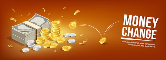 Banknote silver coins and gold coins bounce concept banner design on orange background
