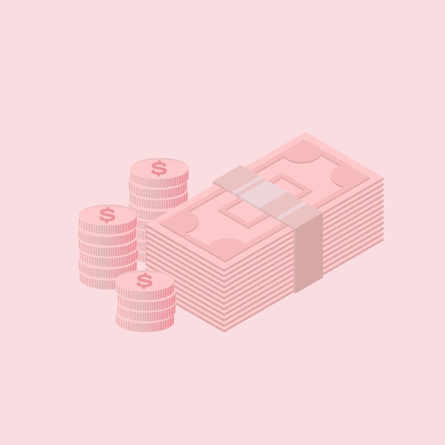 Banknotes and coins, in pastel tones, vector illustration.