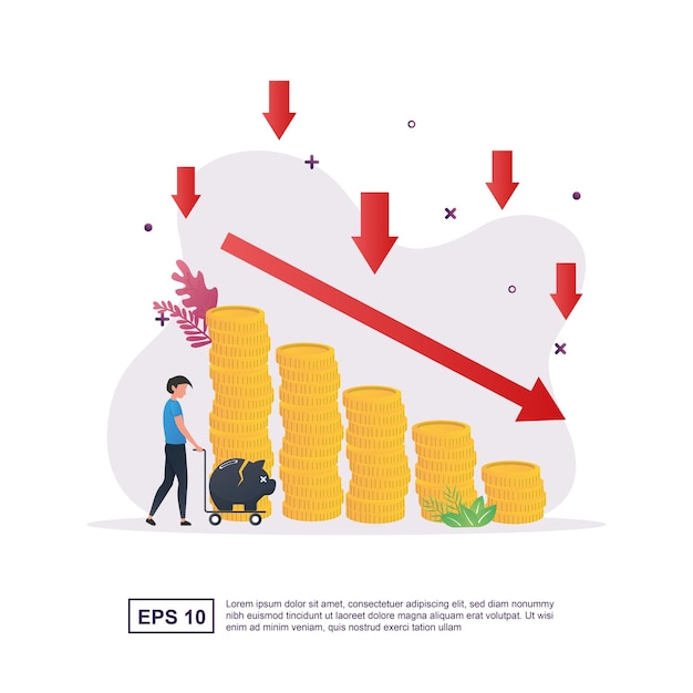 Vector bankrupt concept with declining money graph and person carrying piggy bank.