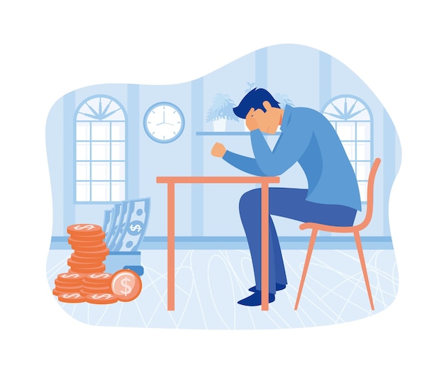 Vector bankruptcy business concept depressed sad man business people have no money flat vector modern illustration