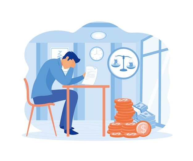 Bankruptcy business concept depressed young man sitting on a chair reading a document and thinking about finding money for paying bills flat vector modern illustration