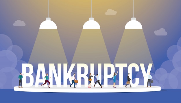 Bankruptcy business concept with people and big word or text with modern flat style