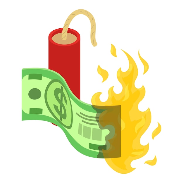 Vector bankruptcy concept icon isometric vector burning dollar banknote and dynamite financial loss inflation loss default