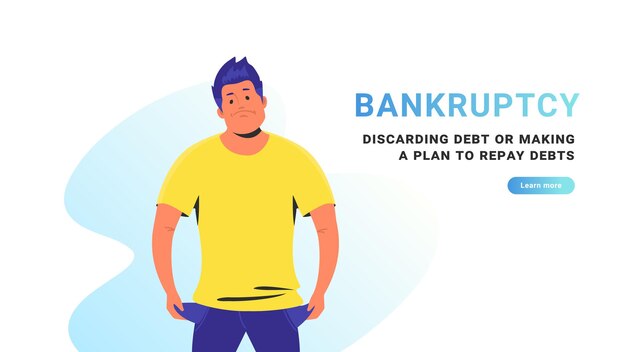 Bankruptcy and discarding debt or making a plan to repay debts. flat vector illustration of poor upset man standing with empty pockets as a bankrupt. economy depression and financial crisis concept