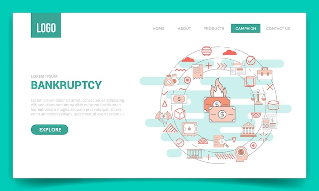 Bankruptcy financial concept with circle icon for website template or landing page homepage