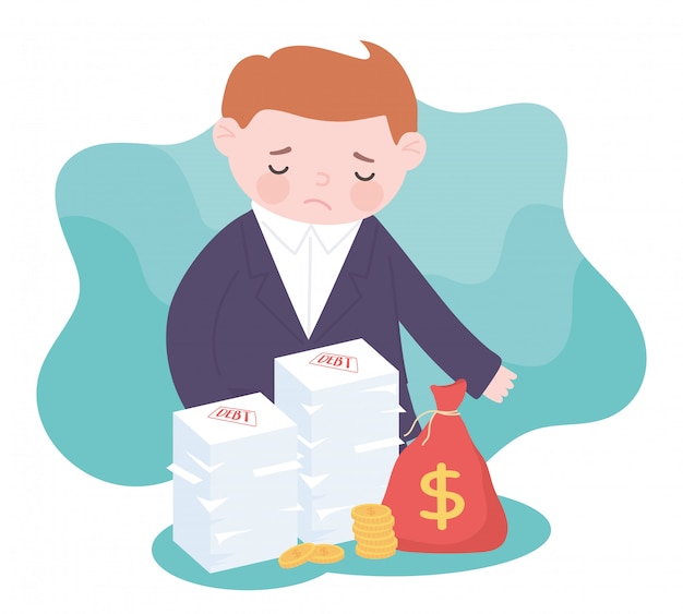 Bankruptcy sad businessman bag money coins and debt stacked business financial crisis