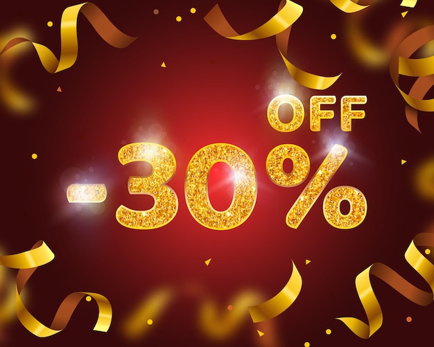 Banner 30 off with share discount percentage, gold ribbon fly. vector illustration