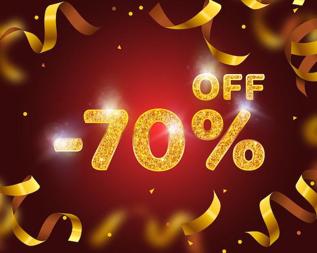 Banner 70 off with share discount percentage, gold ribbon fly. vector illustration