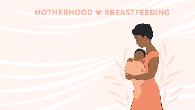 Баннер о грудном вскармливании и материнстве Женщина и ребенок с темной кожей и волосами