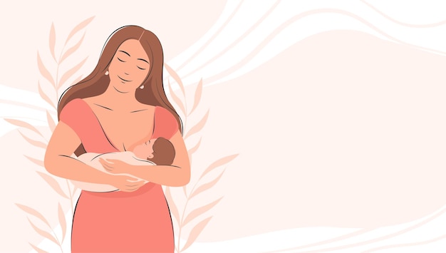 Banner about pregnancy and motherhood with place for text Mother feeding a baby with breast