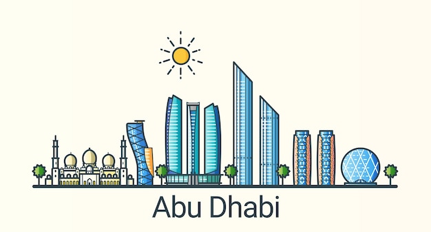 Vettore banner della città di abu dhabi in stile alla moda linea piatta. tutti gli edifici separati e personalizzabili. linea artistica.