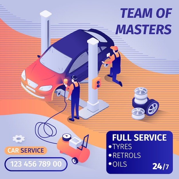 Banner adverteert vakkundig teamwork in de car paint-service