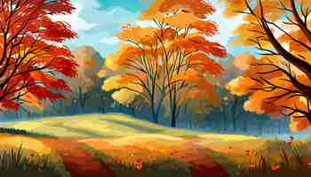 Vector banner autumn landscape forest blue cloud sky on the background of hills and mountains yellow trees