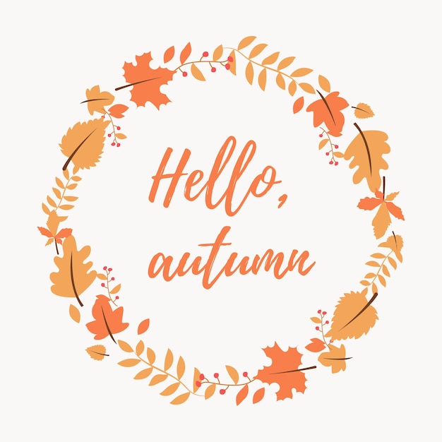 Banner of the autumn season in the shape of a circle greeting card with the inscription hello autumn