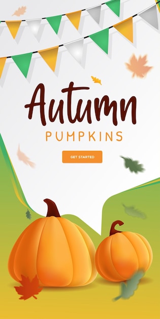 Banner autumn with illustration of realistic pumpkins and flying leaves