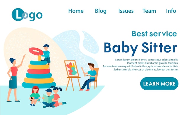 Vector banner baby sitter service children playing in kindergarten vector illustration