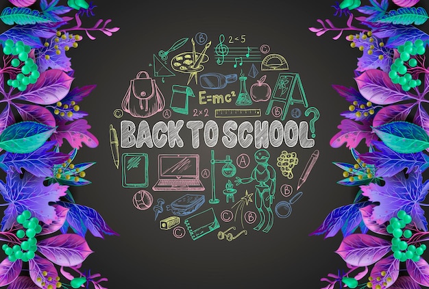 Banner back to school with realistic leaves and school supplies such as a backpack book laptop globe and others drawn chalk on a blackboard vector