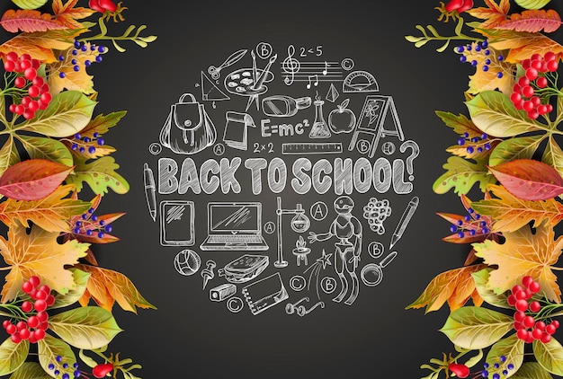 Banner back to school with realistic leaves and school supplies such as a backpack book laptop globe and others drawn chalk on a blackboard vector