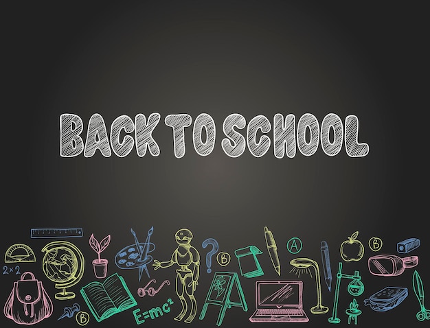 Banner back to school with school supplies such as a backpack book laptop globe and others drawn chalk on a blackboard Vector