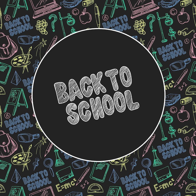 Banner back to school with school supplies such as a backpack book laptop globe and others drawn chalk on a blackboard Vector