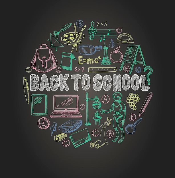 Вектор Баннер обратно в школу с школьными принадлежностями, такими как рюкзак, книга, ноутбук, глобус и другие, нарисованные мелом на доске.