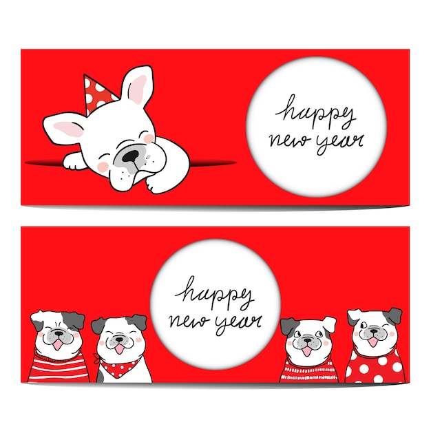 Banner background cute pug in red color for new year