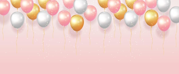 Sfondo banner con palloncini dorati, bianchi e rosa che galleggiano nella metà superiore