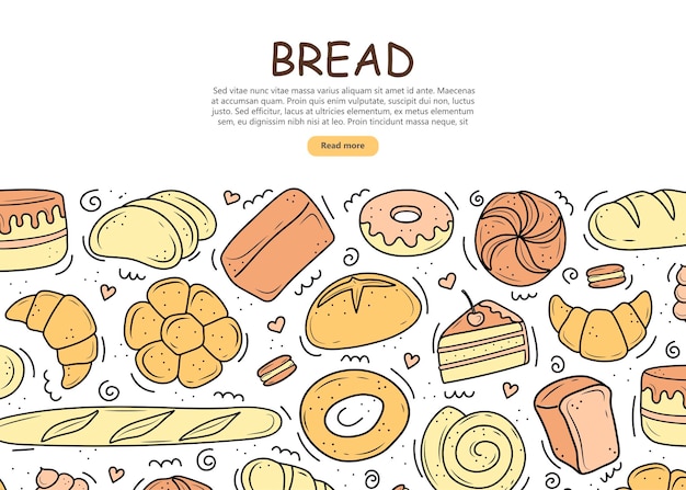 Banner bakery products are drawn in the style of doodles. black and white bread, cake, monchik, croissant. vector illustration on a white background.