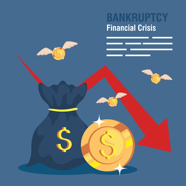 Баннер банкротства финансового кризиса, мешок денег со стрелкой вниз и летающие монеты