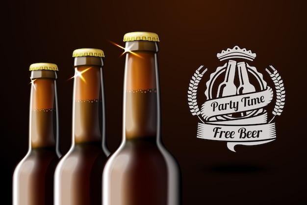 Vector banner for beer adwertisement with three realistic brown beer bottles and beer label with place for your text and . on dark background.