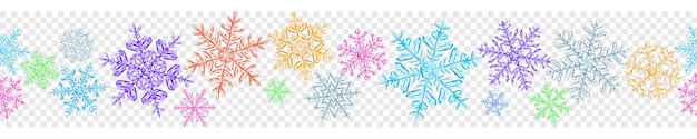 Vector banner of big complex translucent christmas snowflakes in various colors isolated on transparent background with seamless horizontal repetition