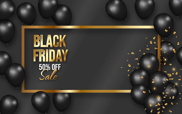 Vector banner black friday with balloon ornament and frame gold realistic 3d