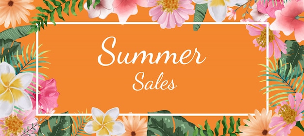 Vector banner blooming summer floral,summer sales. tropical flowers  card.