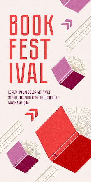 Vettore banner per il festival del libro con libri aperti che volano con le frecce