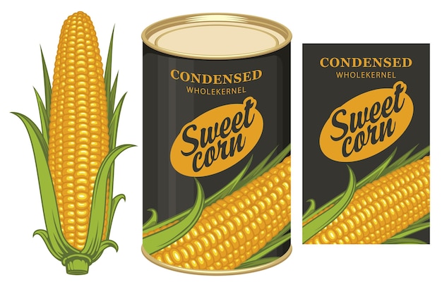 Vector banner for canned sweet corn with corn cob