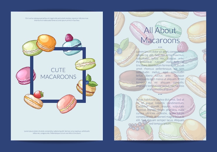 Vector banner card, flyer template for sweet or pastry shop with colored hand drawn macaroons illustration