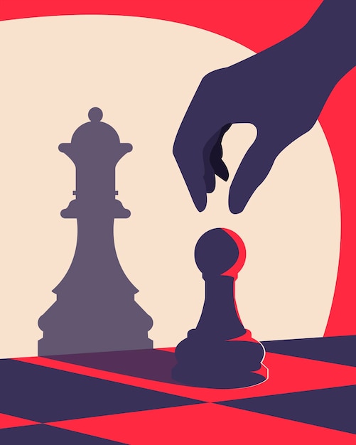 Banner chess. poster for chess tournament. a pawn becomes a queen. silhouette of chess pieces. vecto