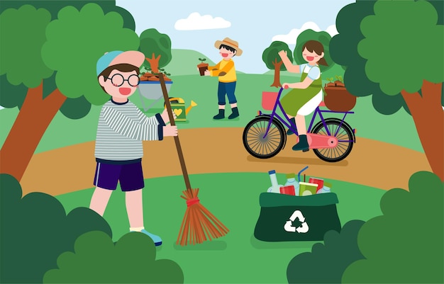 Banner  of children help to plant trees and collect plastic bottles in nature park on happy earth day in cartoon character