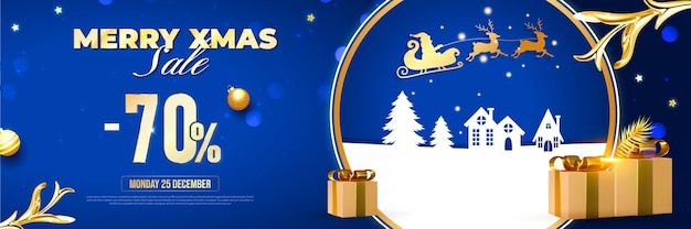 Banner christmas sale with blue and gold decoration