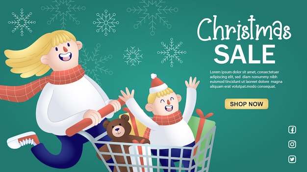 Banner christmas sale with image of mother shopping with her son