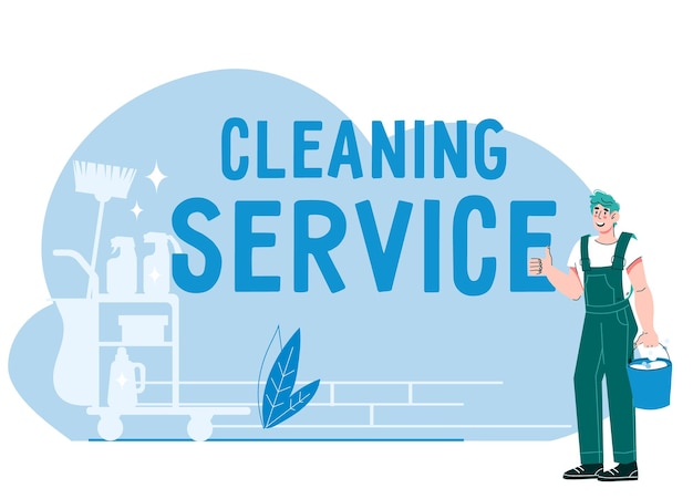 Vector banner for cleaning service with smiling cleaner male character cartoon flat vector illustration is