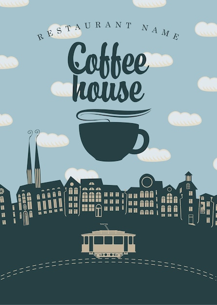 Banner for coffee houses with old town and tram