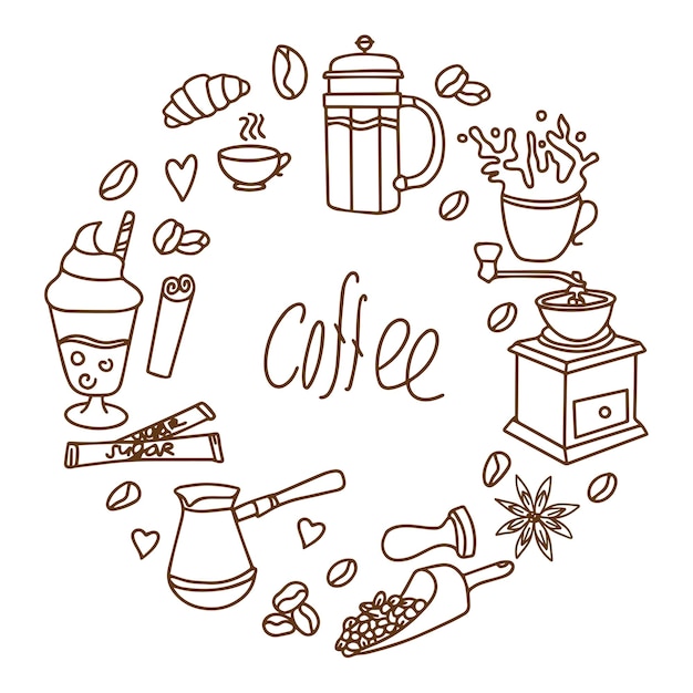 Banner per una caffetteria cute doodle cartoni animati icone di caffè set di disegni di caffè disegnati a mano bevande spuntini e caffè vettore contorno disegnato a mano caffè e panetteria per menu caffetteria vettore