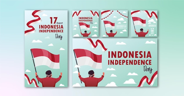 Vettore modello di banner collection social media giorno dell'indipendenza indonesia premium