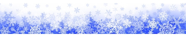 Banner di complessi fiocchi di neve di natale con ripetizione orizzontale senza soluzione di continuità, nei colori blu. sfondo invernale con neve che cade